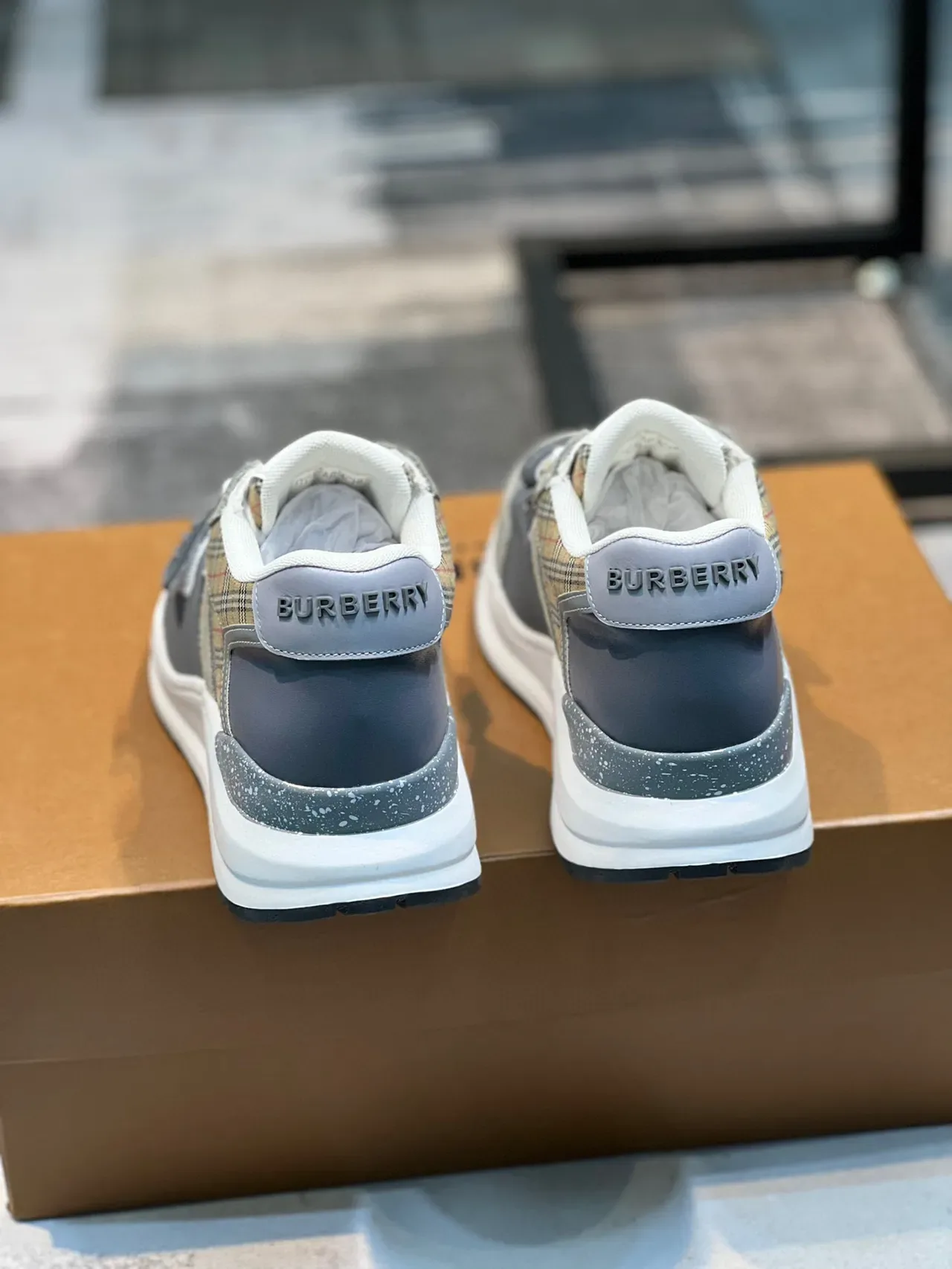 Burberry Beige Gray Plaid-Paneled Strap-Accented Chunky Sneakers 2