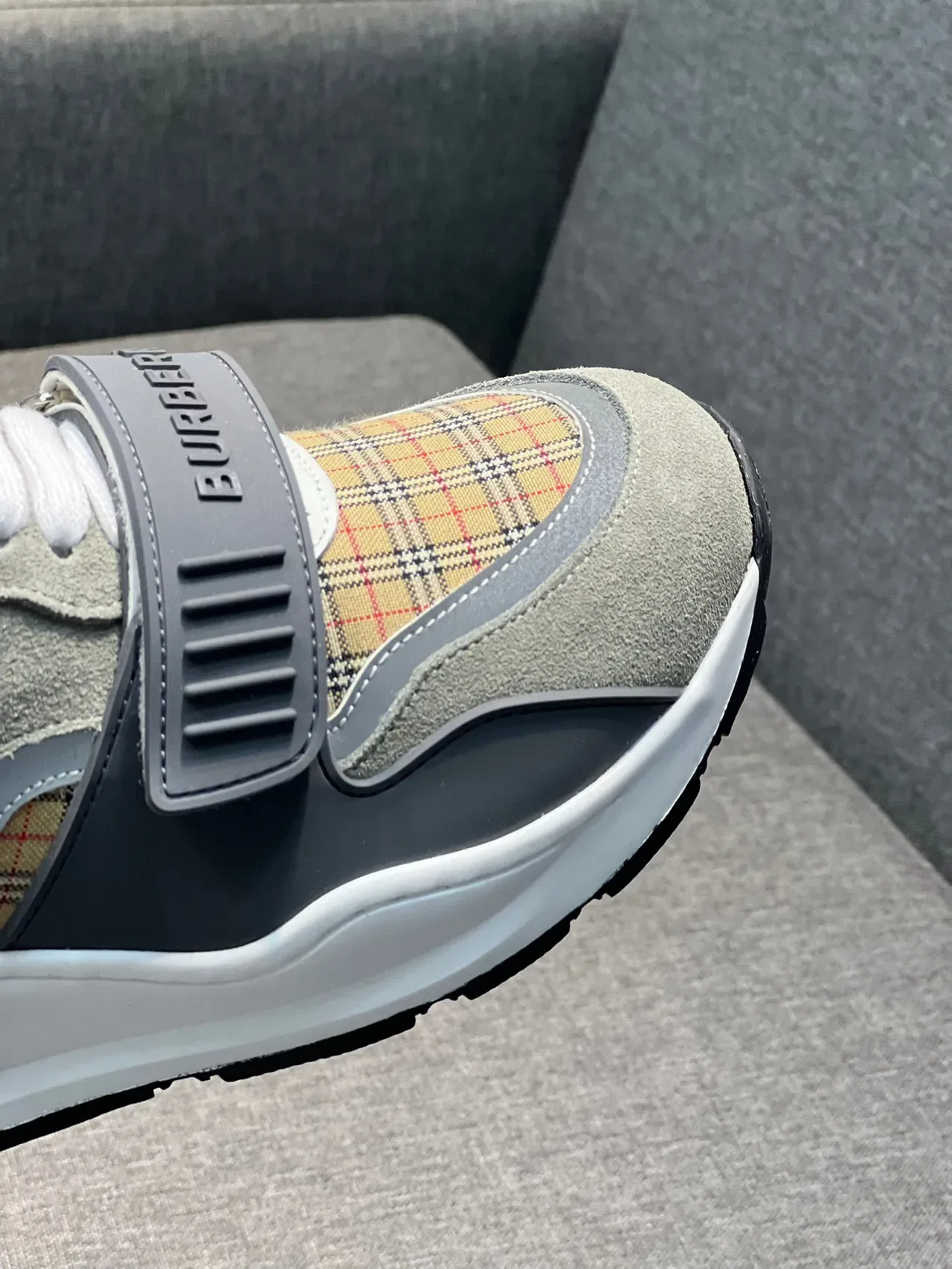 Burberry Beige Gray Plaid-Paneled Strap-Accented Chunky Sneakers 3