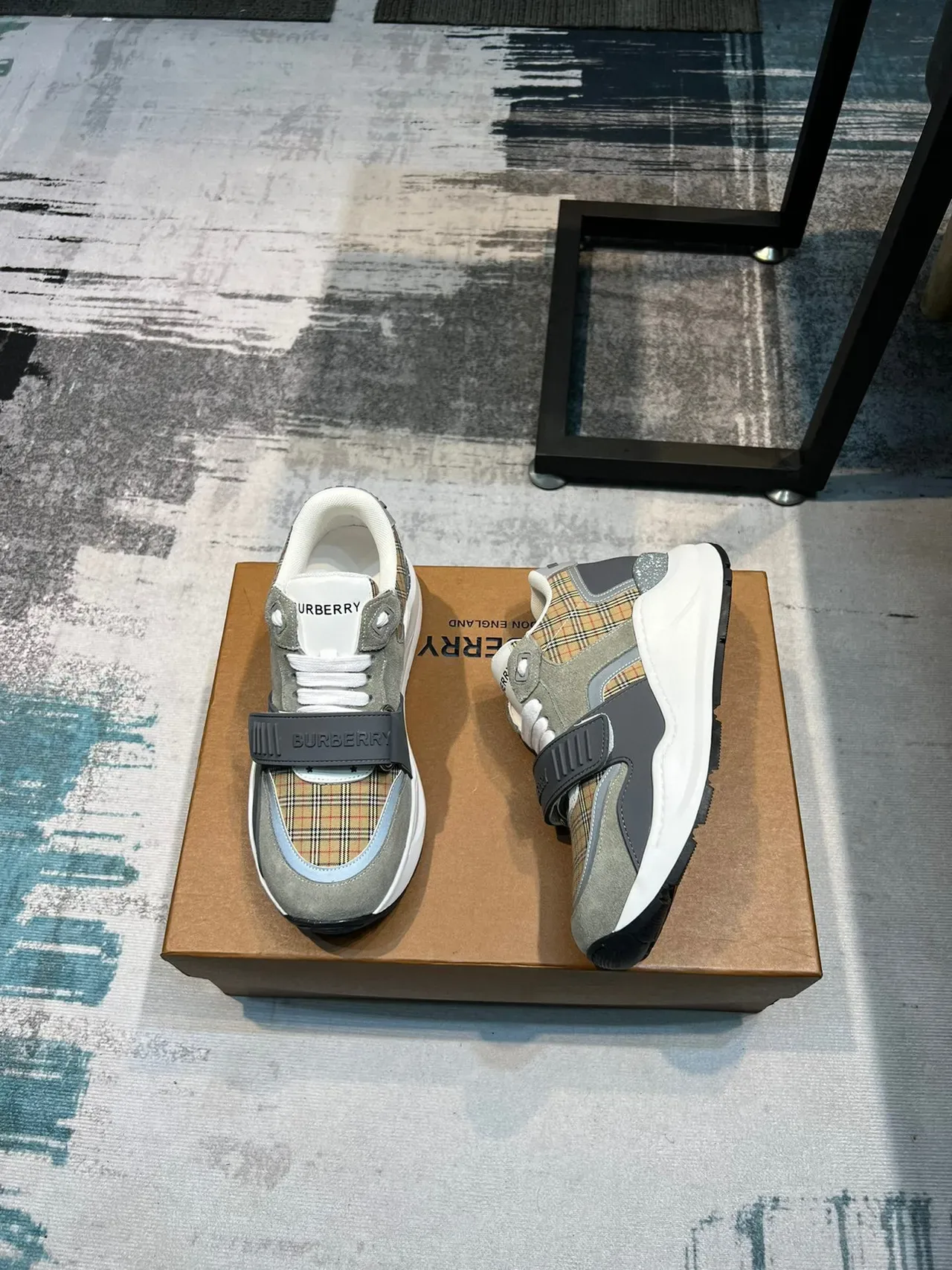 Burberry Beige Gray Plaid-Paneled Strap-Accented Chunky Sneakers 4