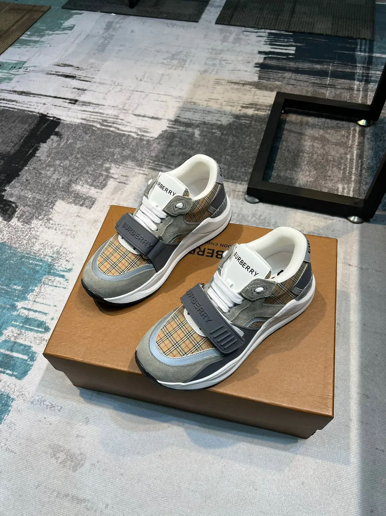 Burberry Beige Gray Plaid-Paneled Strap-Accented Chunky Sneakers 5