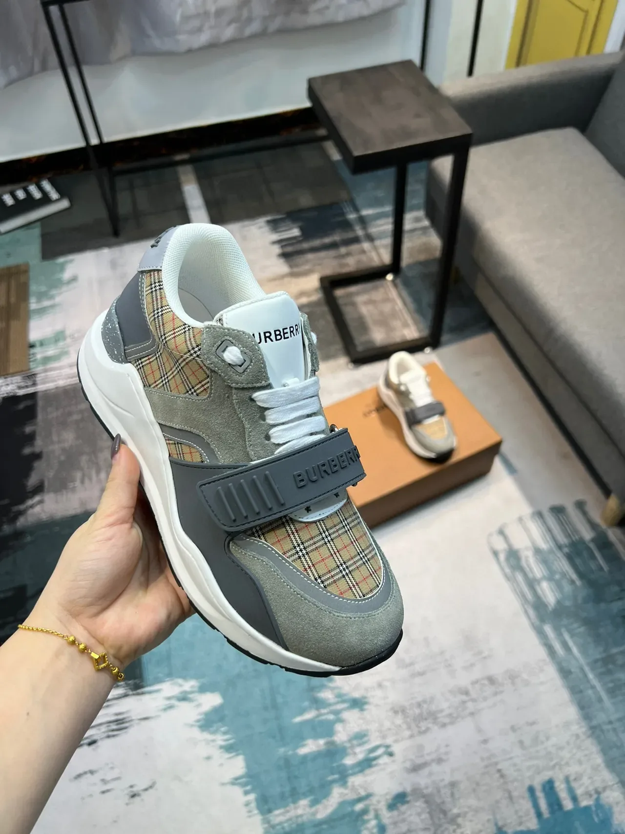 Burberry Beige Gray Plaid-Paneled Strap-Accented Chunky Sneakers 6