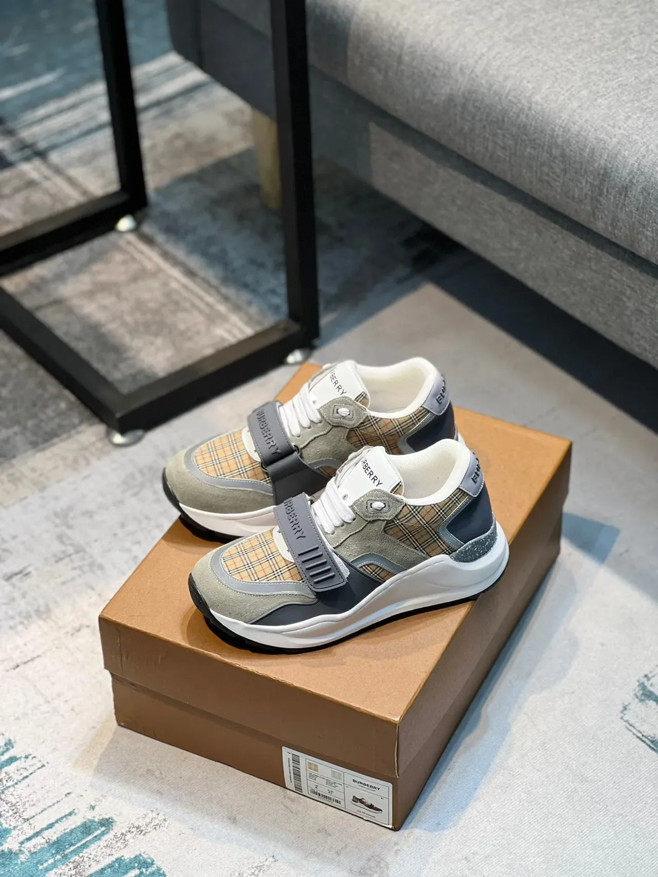 Burberry Beige Gray Plaid-Paneled Strap-Accented Chunky Sneakers 7