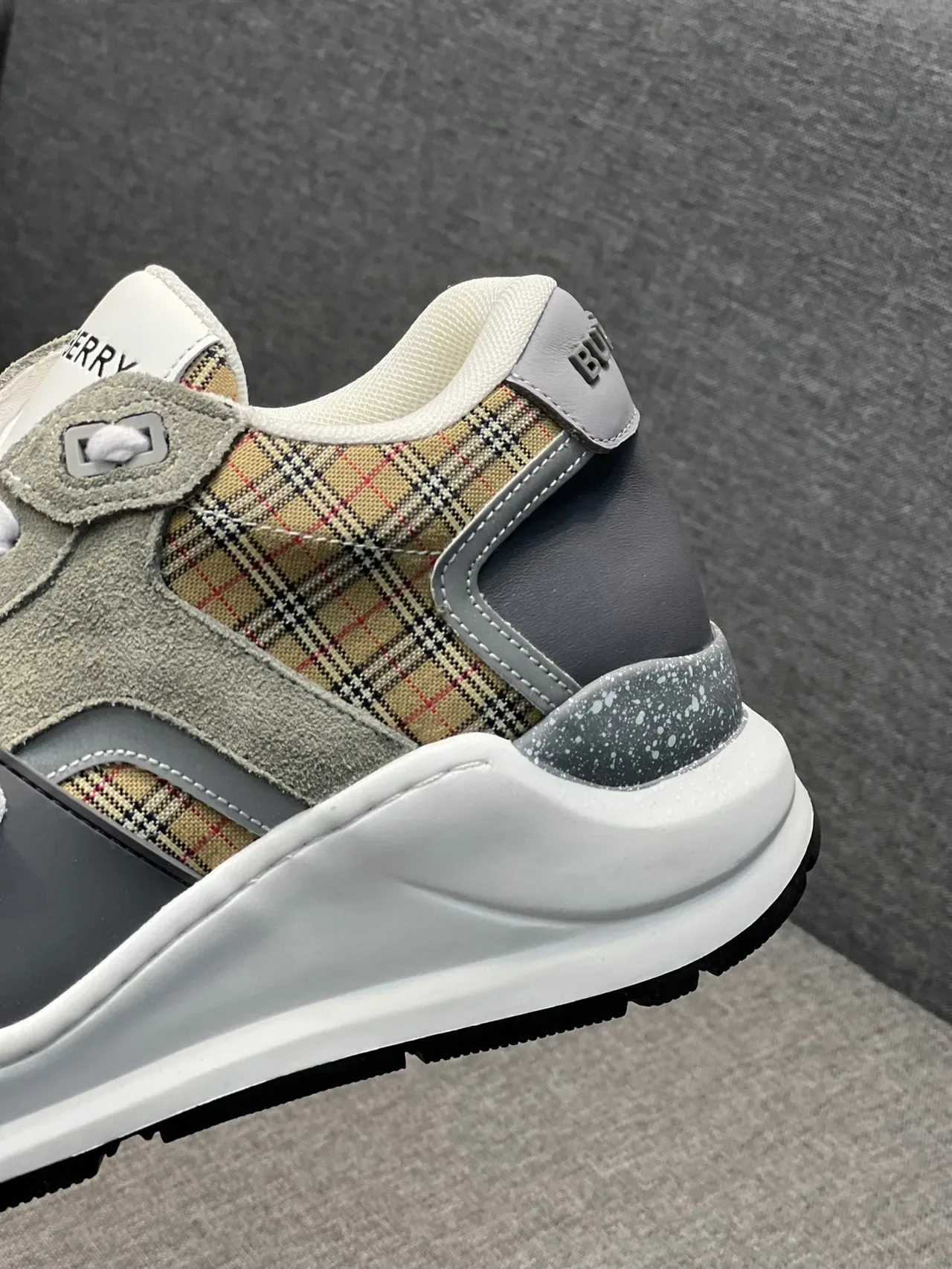 Burberry Beige Gray Plaid-Paneled Strap-Accented Chunky Sneakers 8