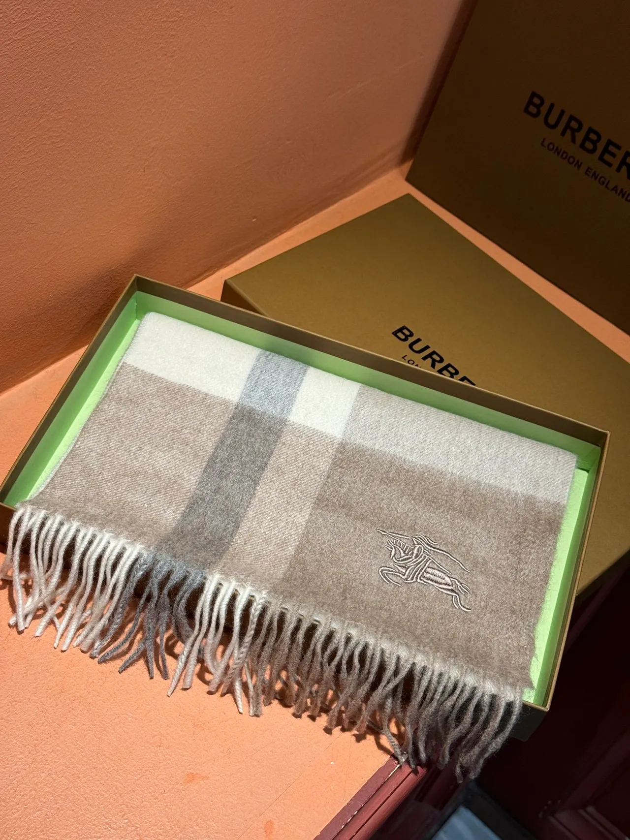 Burberry Classic Check Beige Gray Cashmere Scarf 6