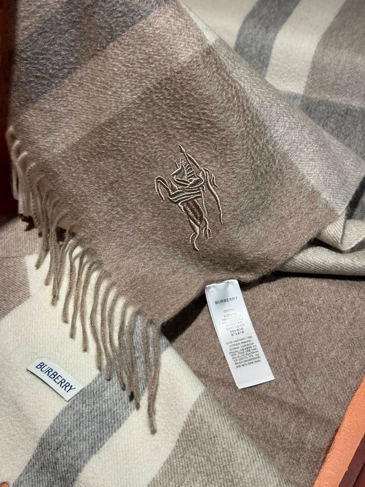 Burberry Classic Check Beige Gray Cashmere Scarf 8