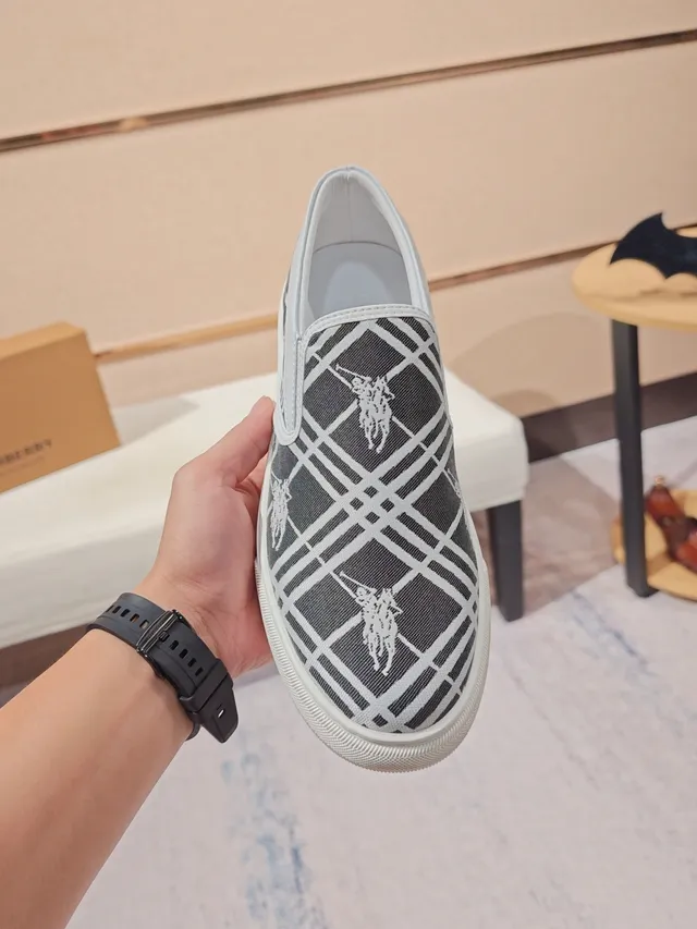 Burberry Gray White Slip-On Check-Patterned Canvas Lifestyle Sneakers 5