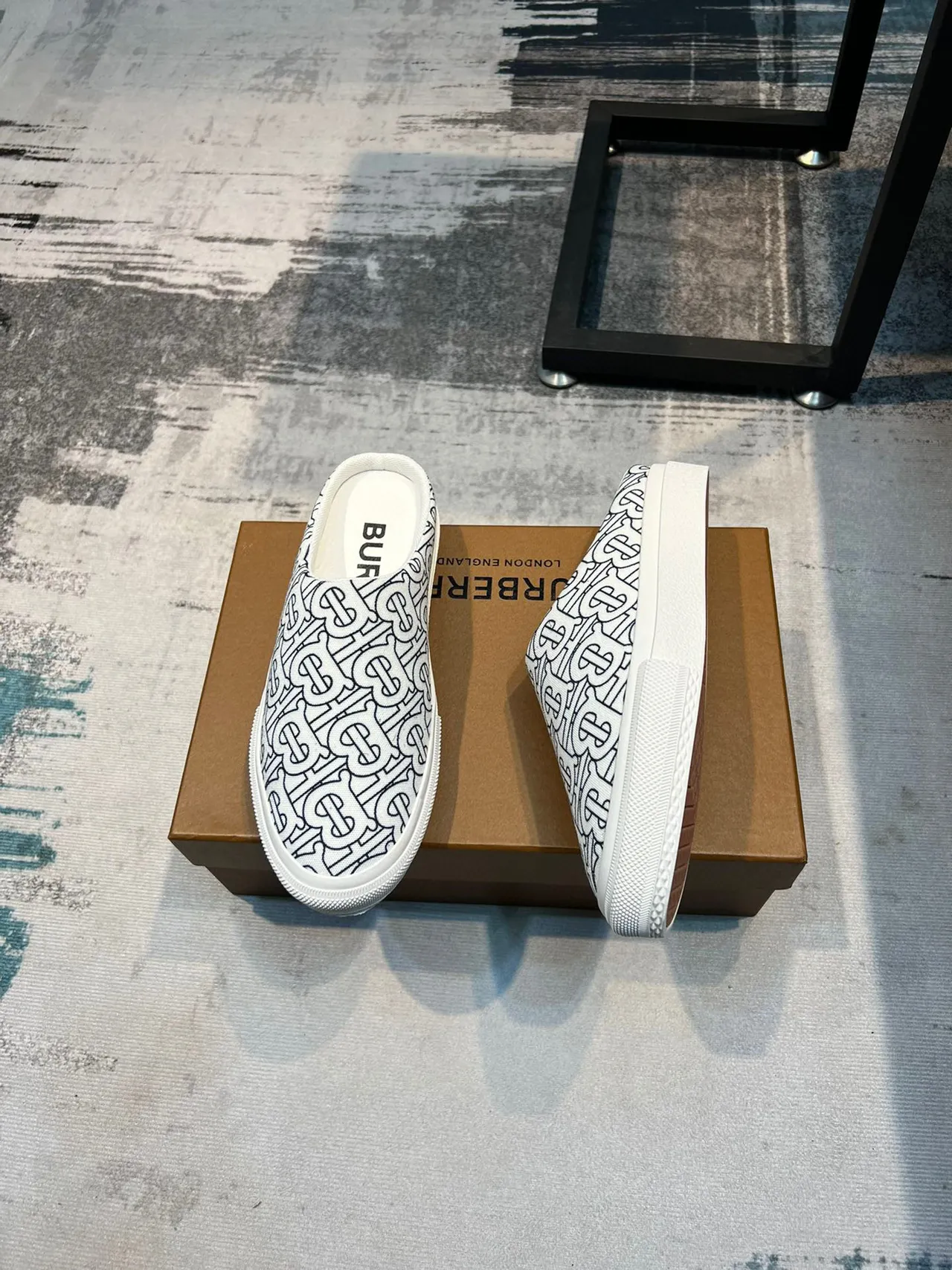 Burberry Monogram Mule White Black Canvas Slip-On Casual Shoes 3