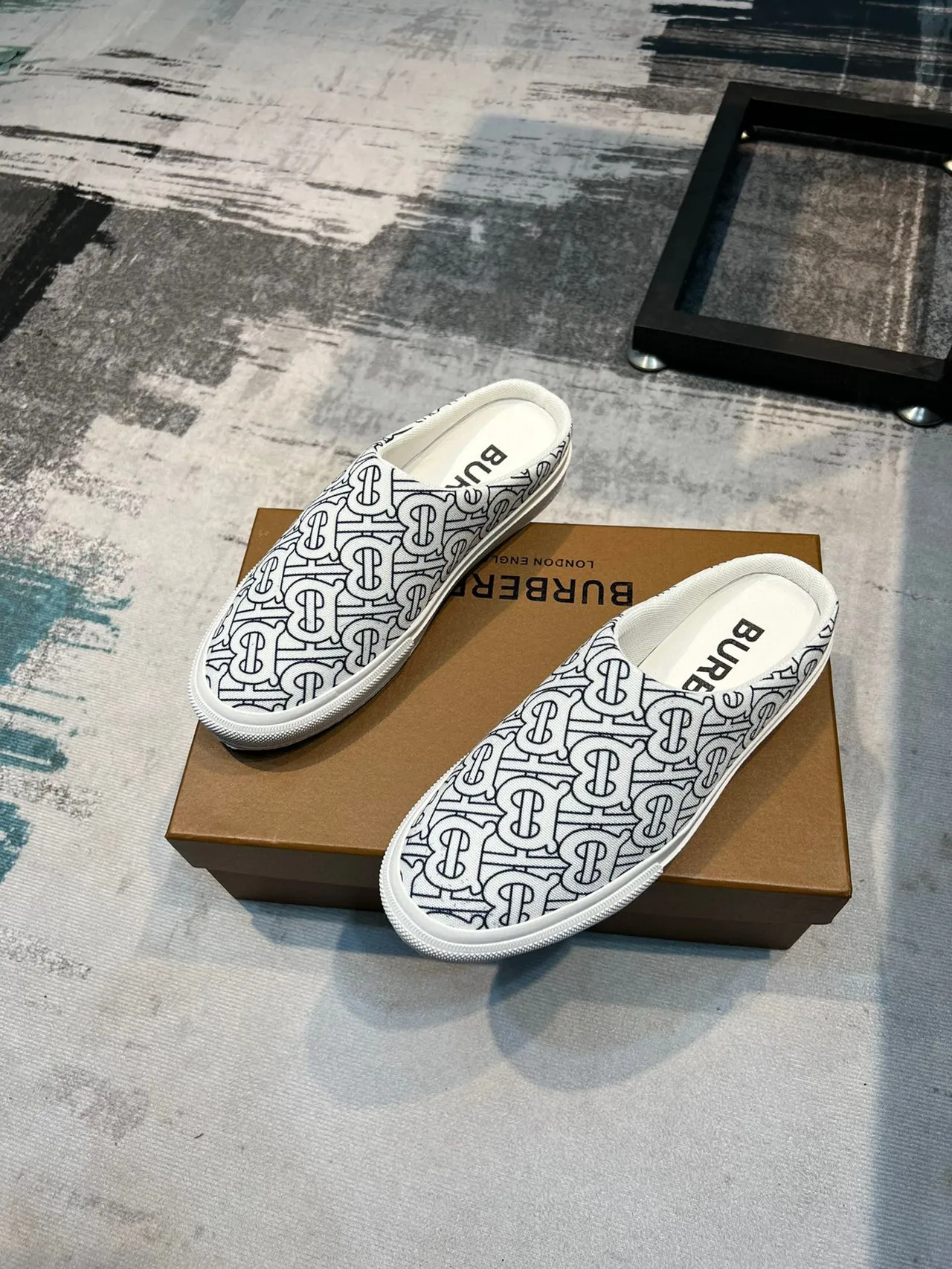 Burberry Monogram Mule White Black Canvas Slip-On Casual Shoes 5