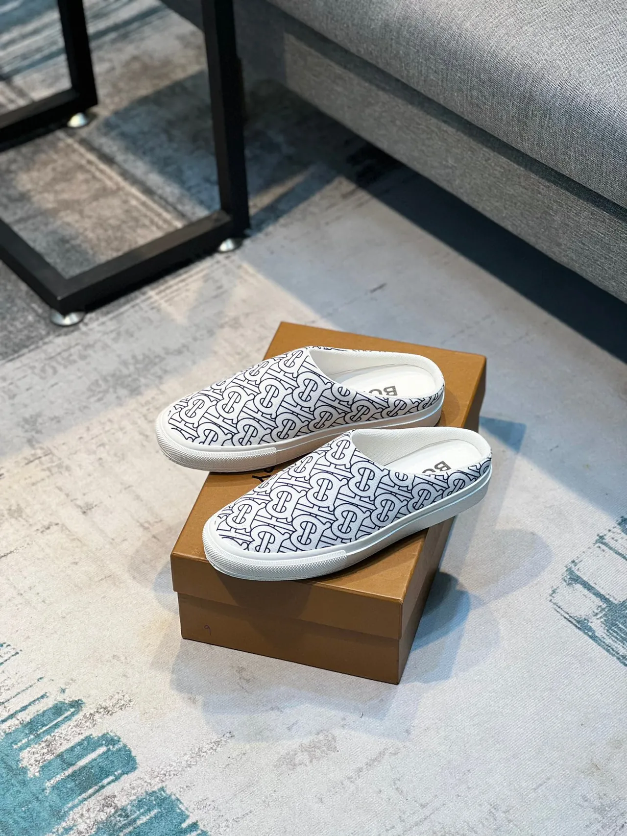 Burberry Monogram Mule White Black Canvas Slip-On Casual Shoes 6
