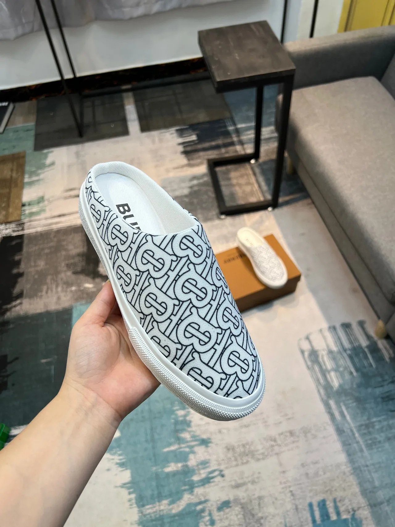Burberry Monogram Mule White Black Canvas Slip-On Casual Shoes 7