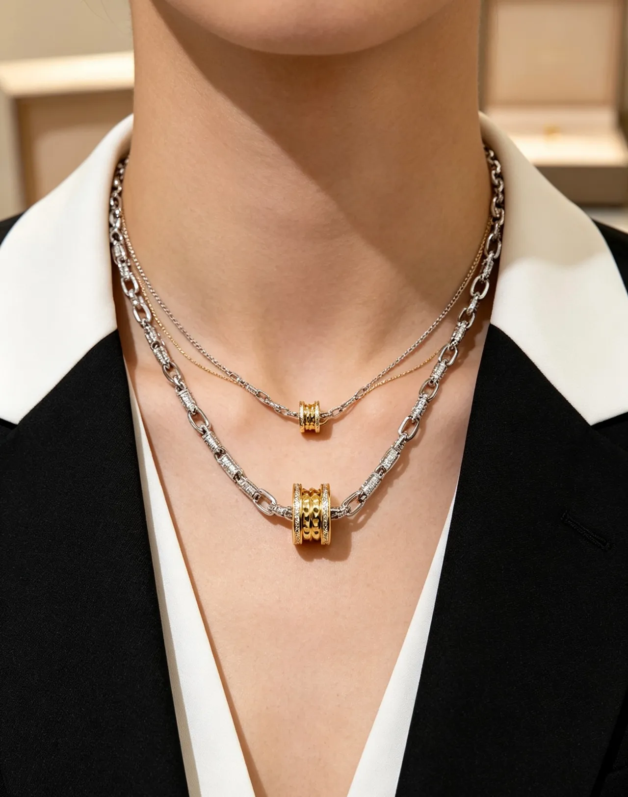 Bvlgari B.zero1 双色 铺镶钻石 旋转图案 项链 4