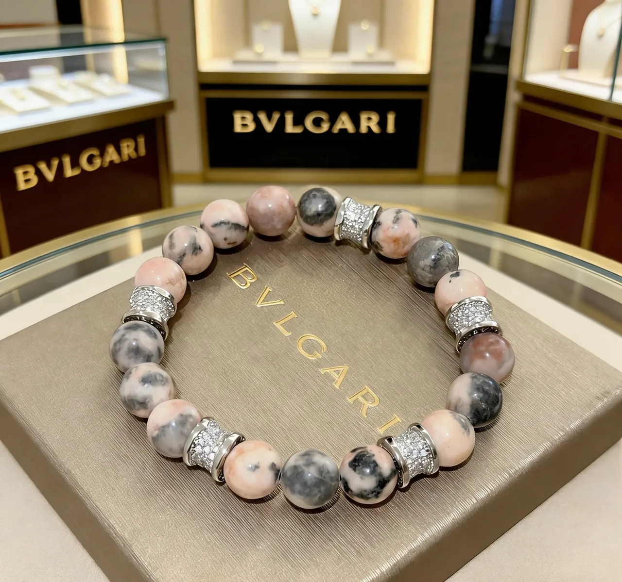 Bvlgari Beaded Marbled Stone and Pavé Silver Bracelet 5