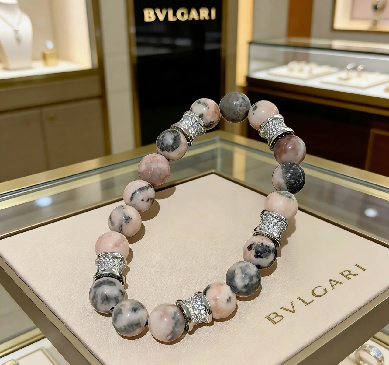Bvlgari Beaded Marbled Stone and Pavé Silver Bracelet 8