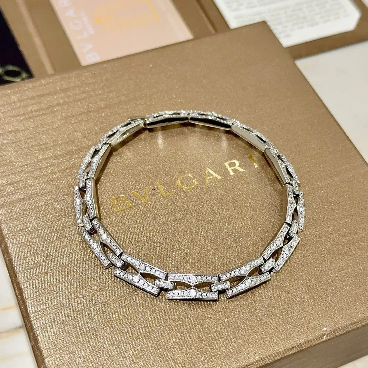 Bvlgari Geometric Pavé-Set Interlocking Link Bracelet 9