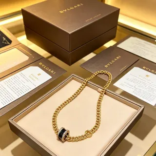 Bvlgari गोल्ड ब्लैक कर्ब लिंक चेन सिरेमिक डबल रिंग सेंटरपीस नेकलेस