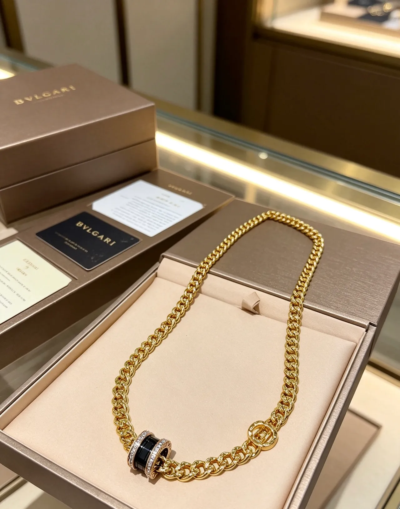 Bvlgari قلادة سلسلة كيرب ذهبي أسود سيراميك مركز مزدوج الحلقات 3