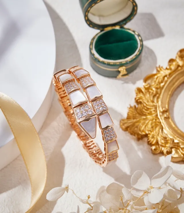 Bvlgari Gold White Segmented Scale Motif Rose Bracelet 3