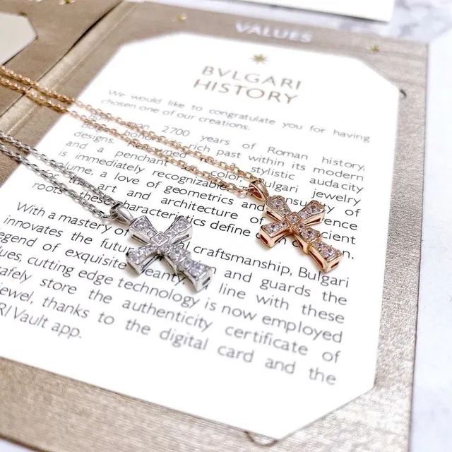 Bvlgari Silver Gold Pavé-Set Cross Pendant Necklace 2