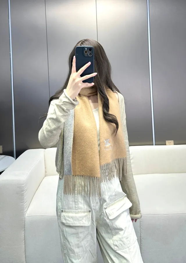 Celine 刺绣 Triomphe Logo 骆驼色和灰色羊绒围巾 4