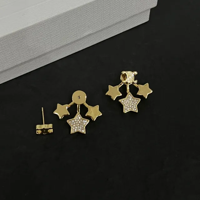 Celine 金色调 Pavé 水晶 星形垂坠耳环 3