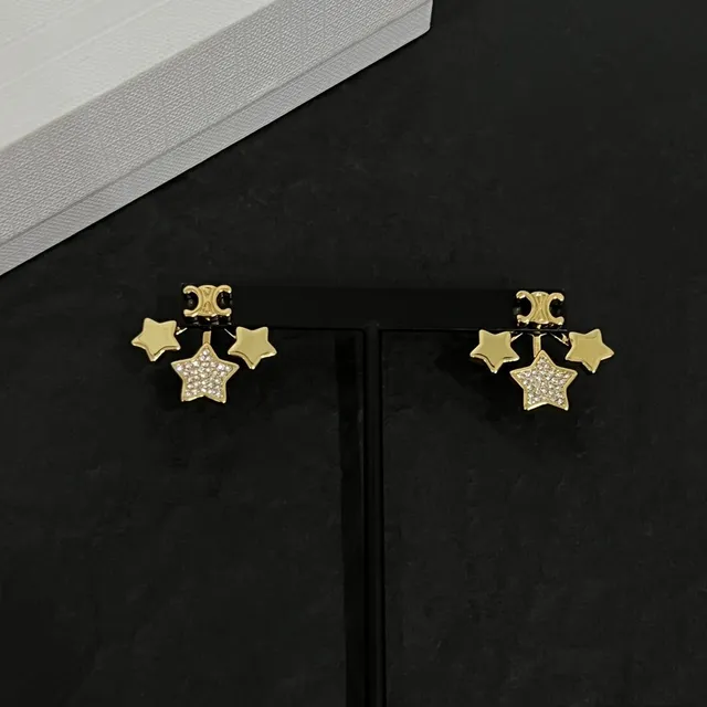 Celine 金色调 Pavé 水晶 星形垂坠耳环 4