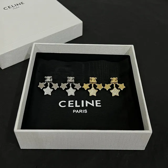 Celine 金色调 Pavé 水晶 星形垂坠耳环 5