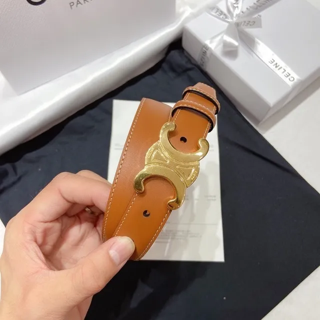 Celine Triomphe Belt Tan Leather Gold-Tone Buckle Leather Belt 9