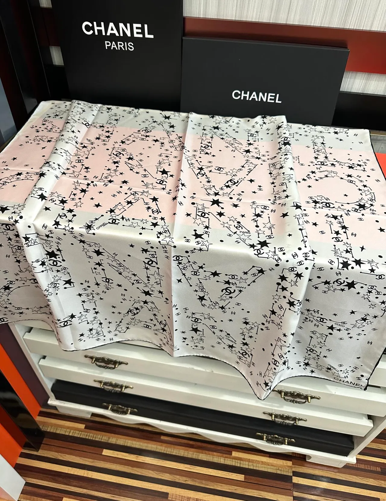 Chanel Beige Black Square Constellation Print Silk Scarf 6