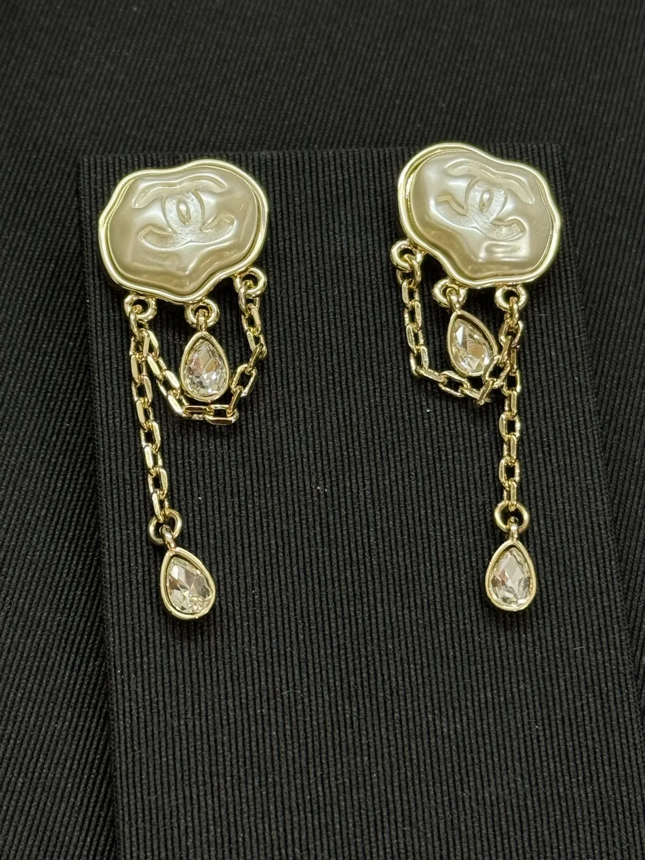 Chanel Beige Gold CC Logo Plaque Chain Drop Earrings 2