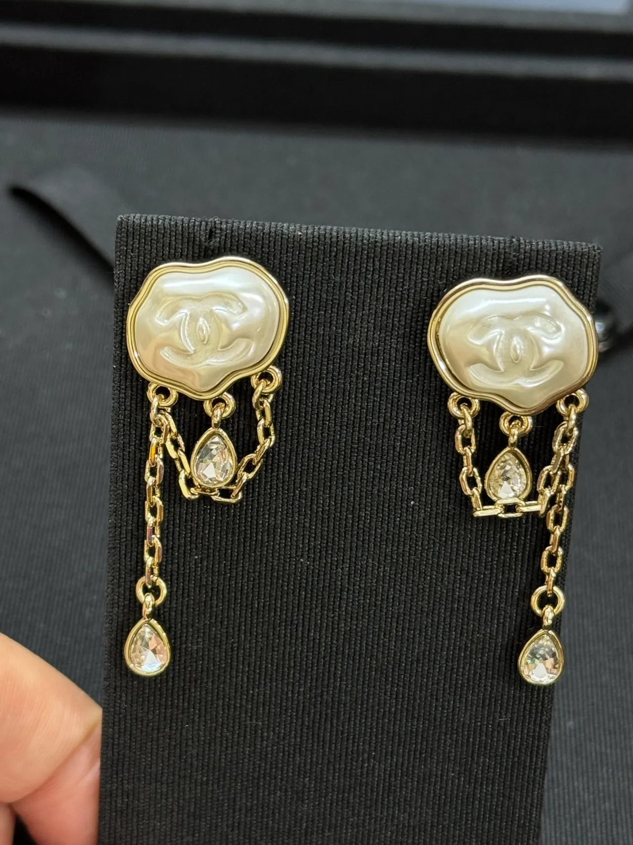 Chanel Beige Gold CC Logo Plaque Chain Drop Earrings 4