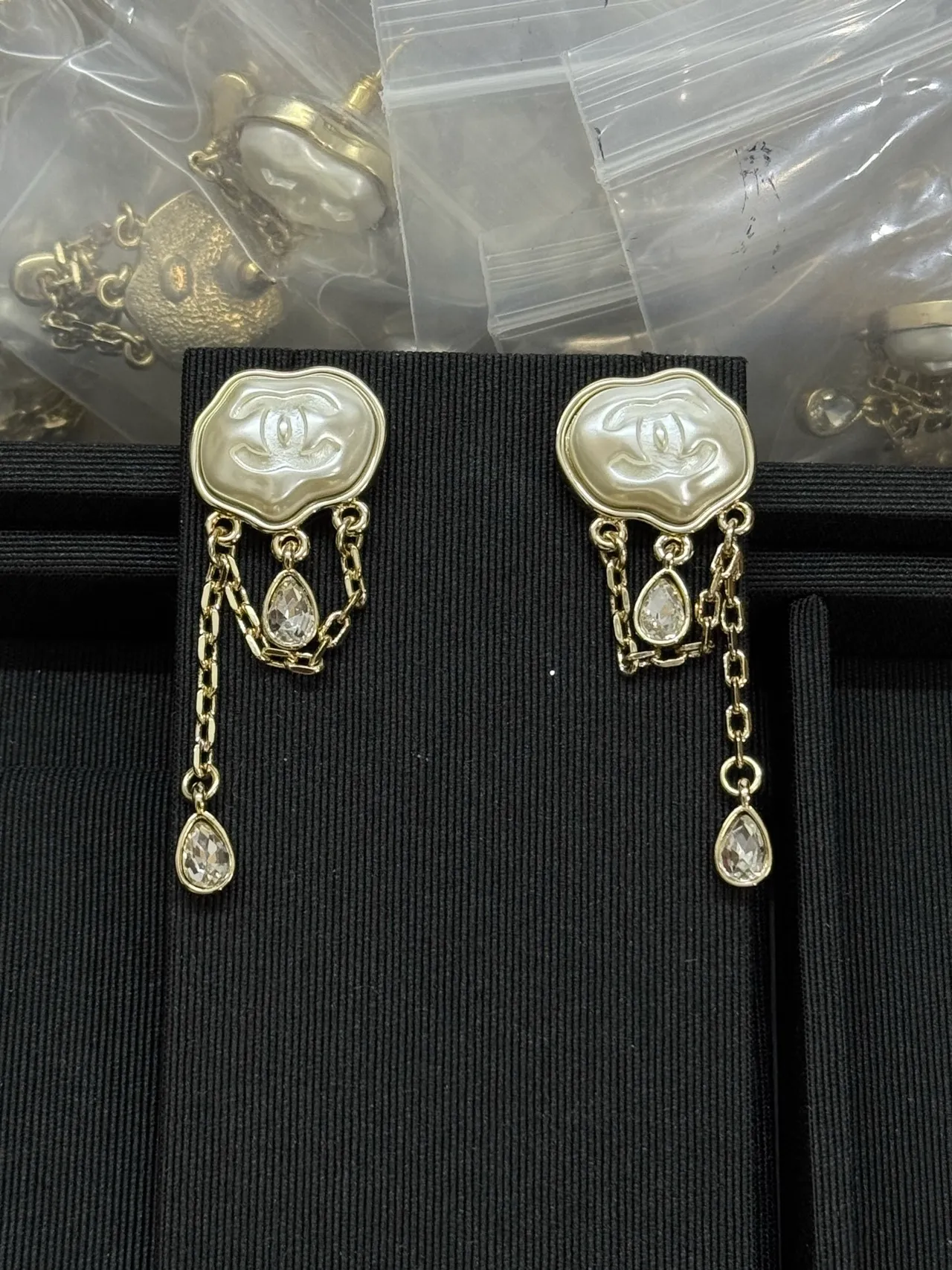 Chanel Beige Gold CC Logo Plaque Chain Drop Earrings 5
