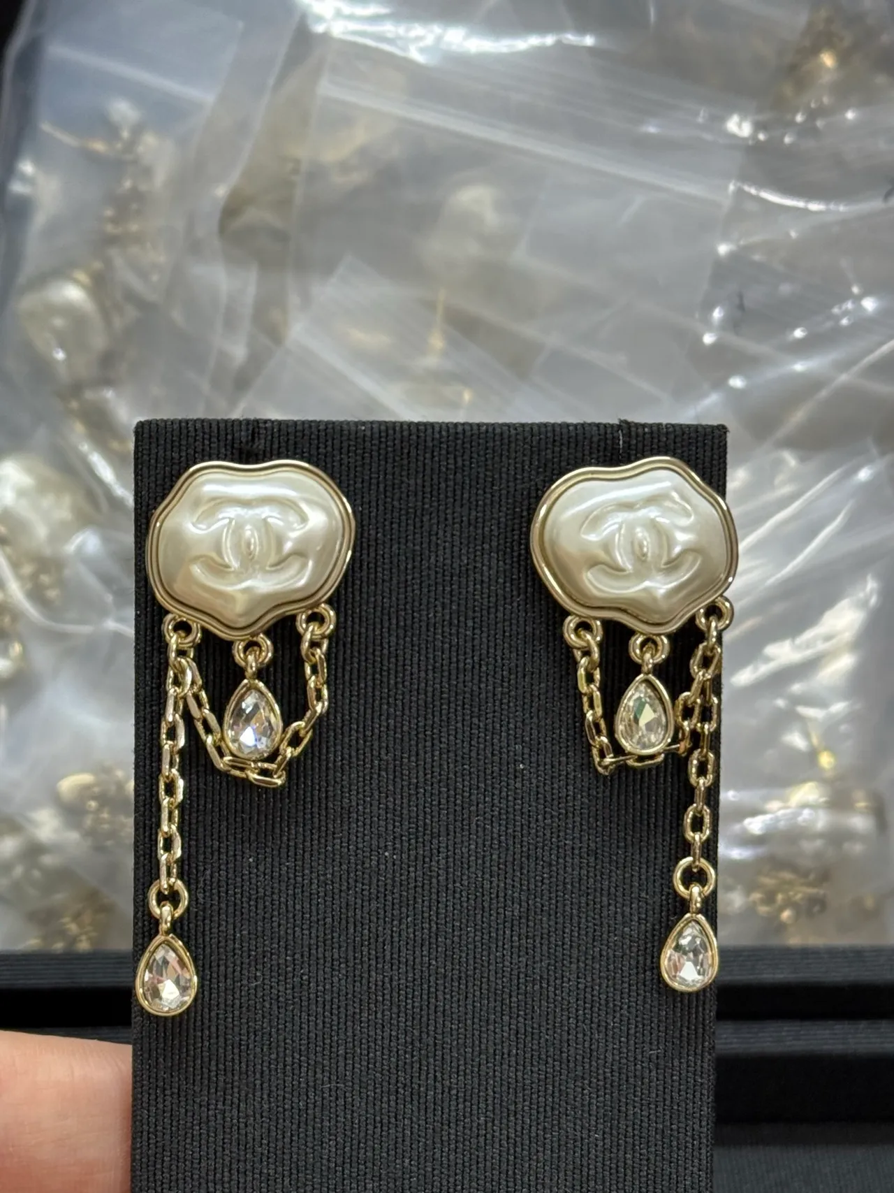 Chanel Beige Gold CC Logo Plaque Chain Drop Earrings 6