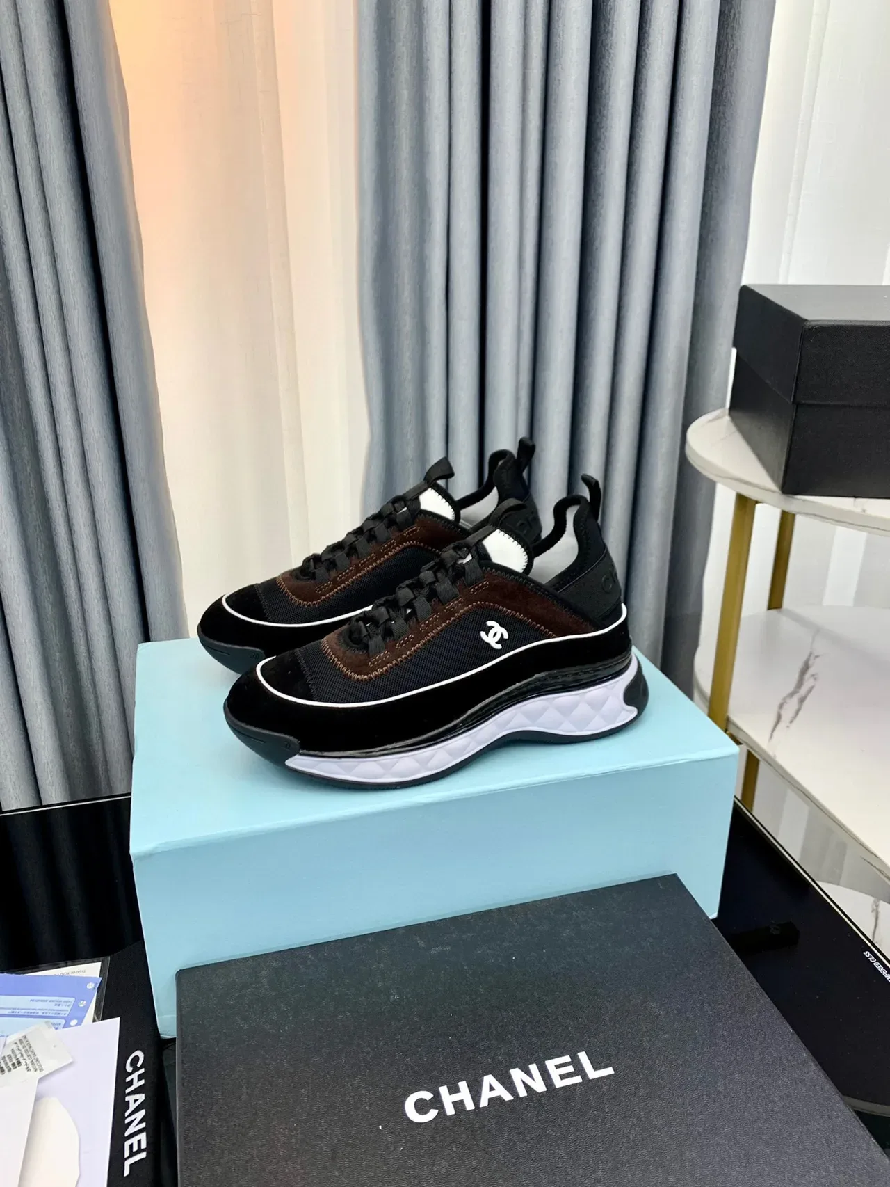 Chanel Black Brown Quilted White Midsole Mesh And Suede Upper Chunky Sneakers 7