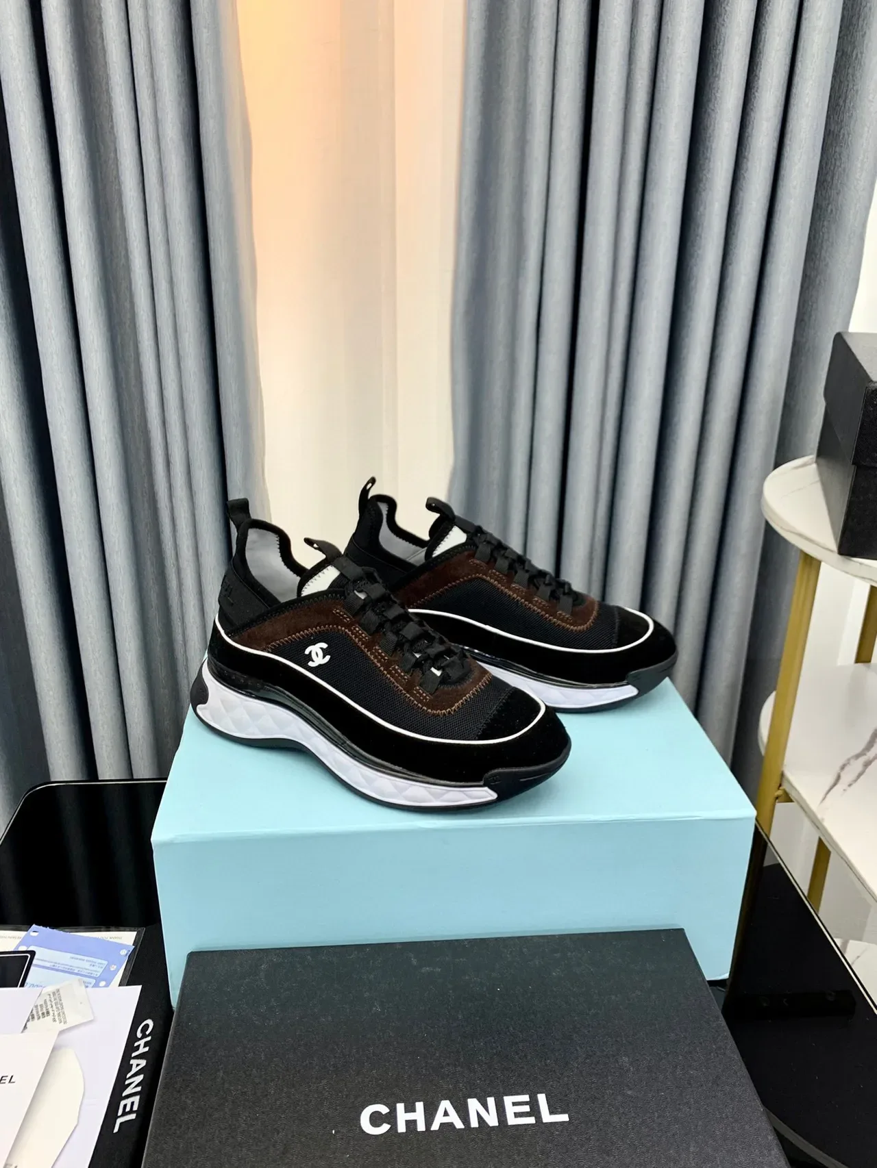 Chanel Black Brown Quilted White Midsole Mesh And Suede Upper Chunky Sneakers 8