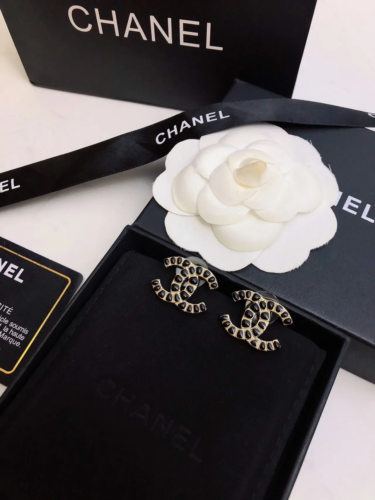 Chanel Black Gold Metal Pavé Stones Earrings 2