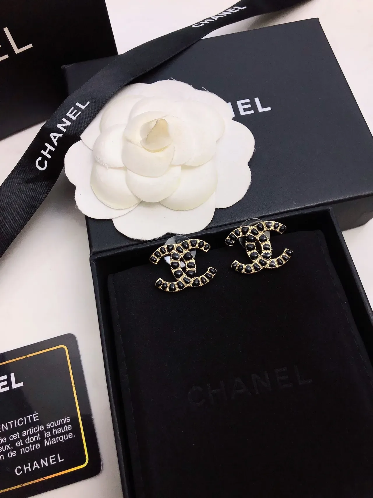 Chanel Black Gold Metal Pavé Stones Earrings 3
