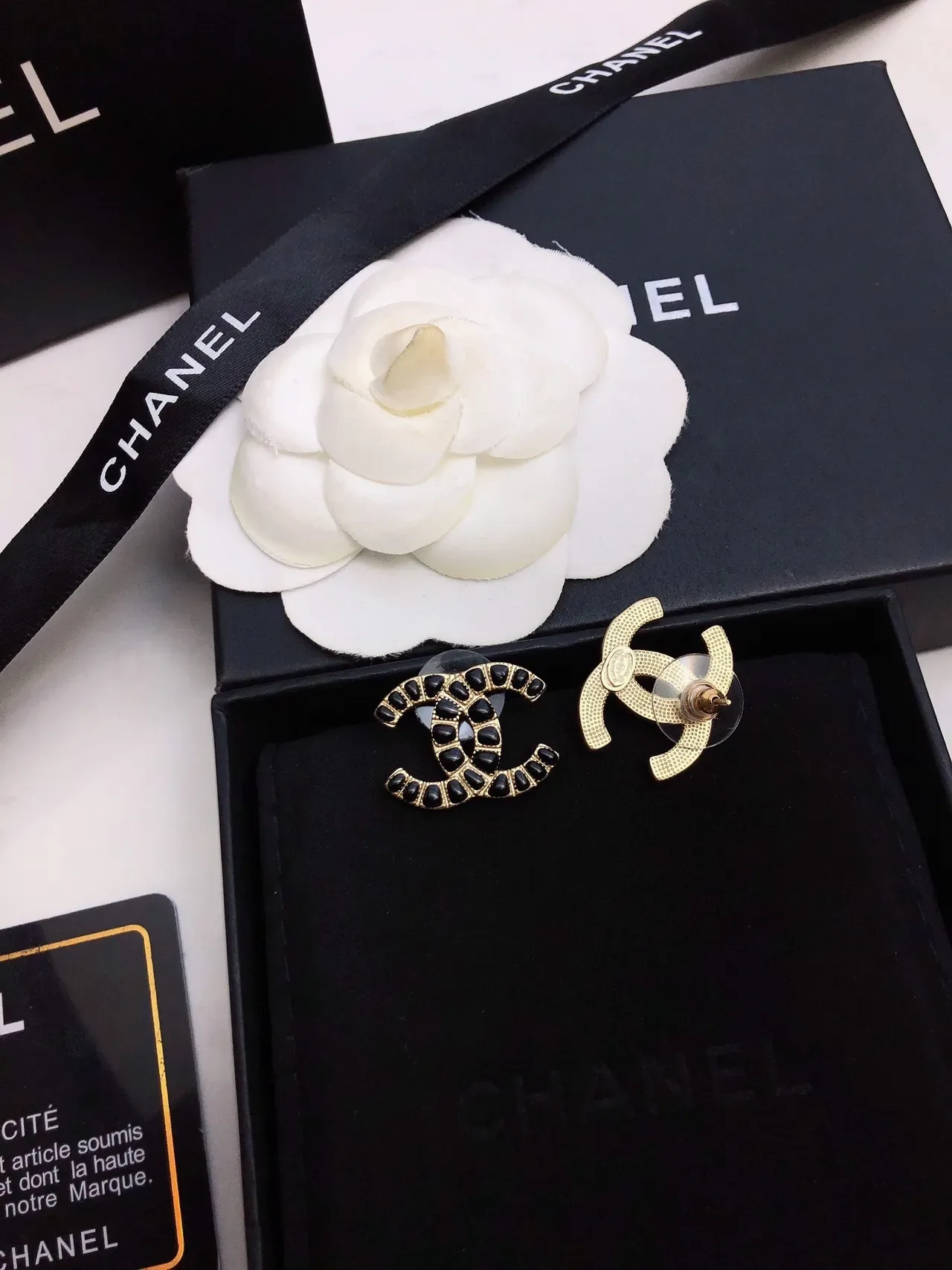 Chanel Black Gold Metal Pavé Stones Earrings 5