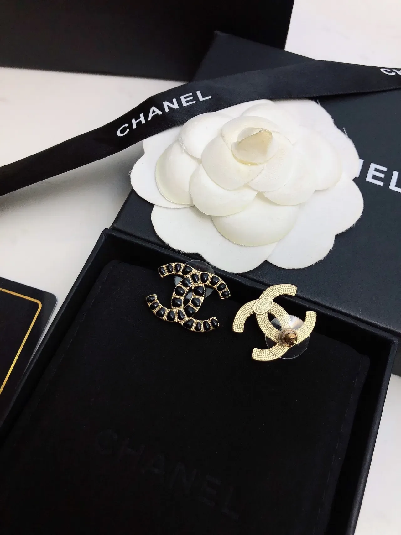 Chanel Black Gold Metal Pavé Stones Earrings 6