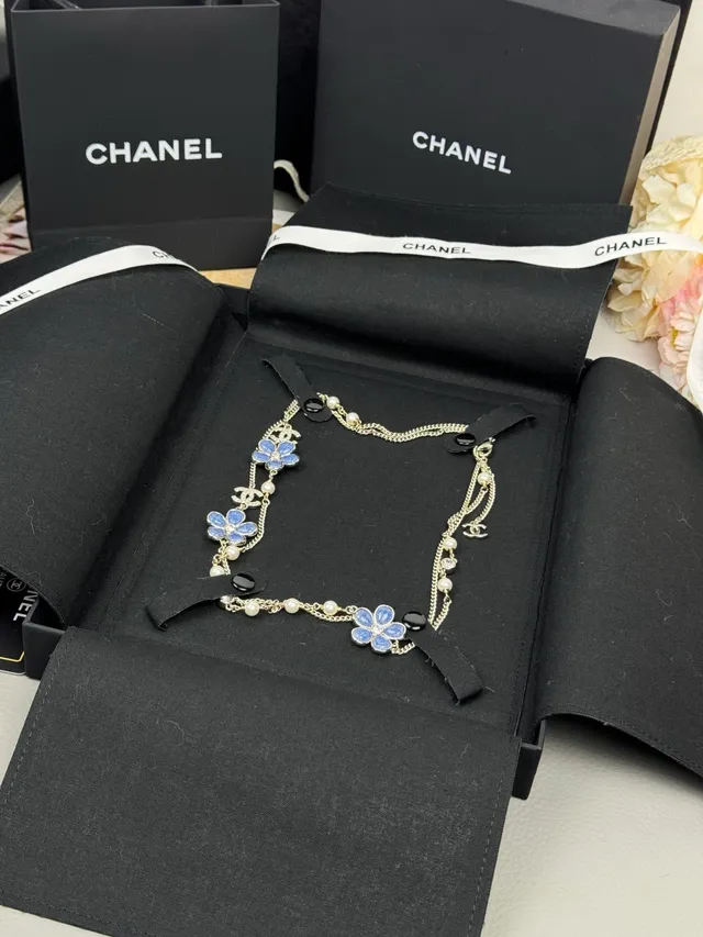 Chanel Blue Silver Multi-Chain Layered Enamel Flower Charms Necklace 2