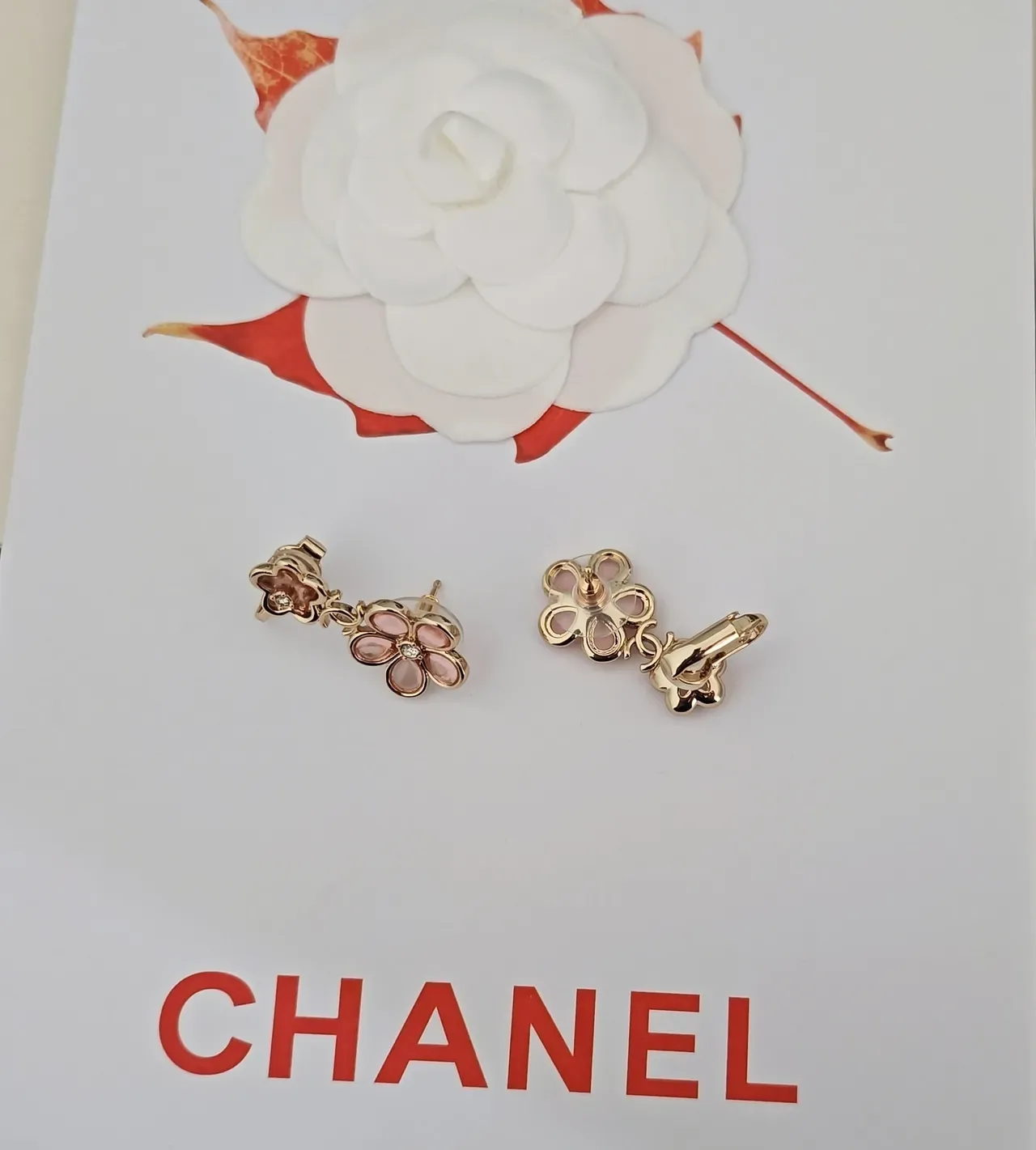 Chanel Camélia Flower Rose Gold Translucent Enamel Earrings 2
