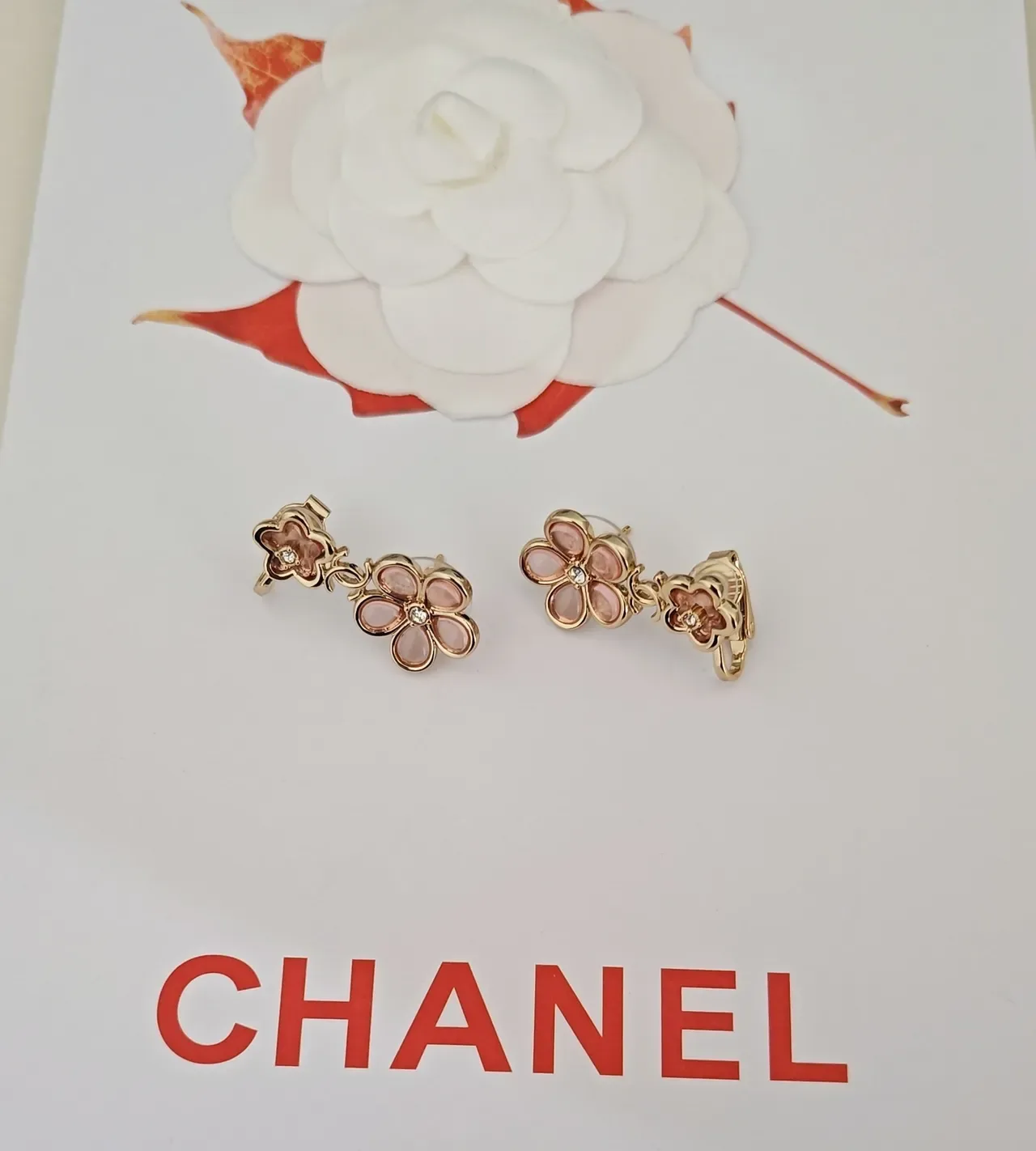 Chanel Camélia Flower Rose Gold Translucent Enamel Earrings 3