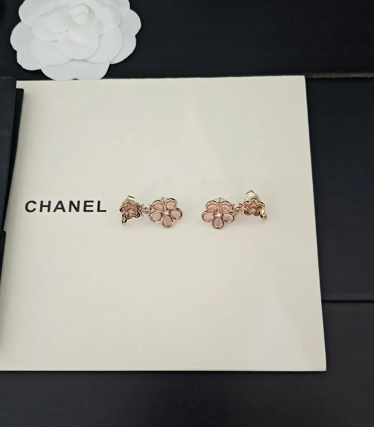 Chanel Camélia Flower Rose Gold Translucent Enamel Earrings 4