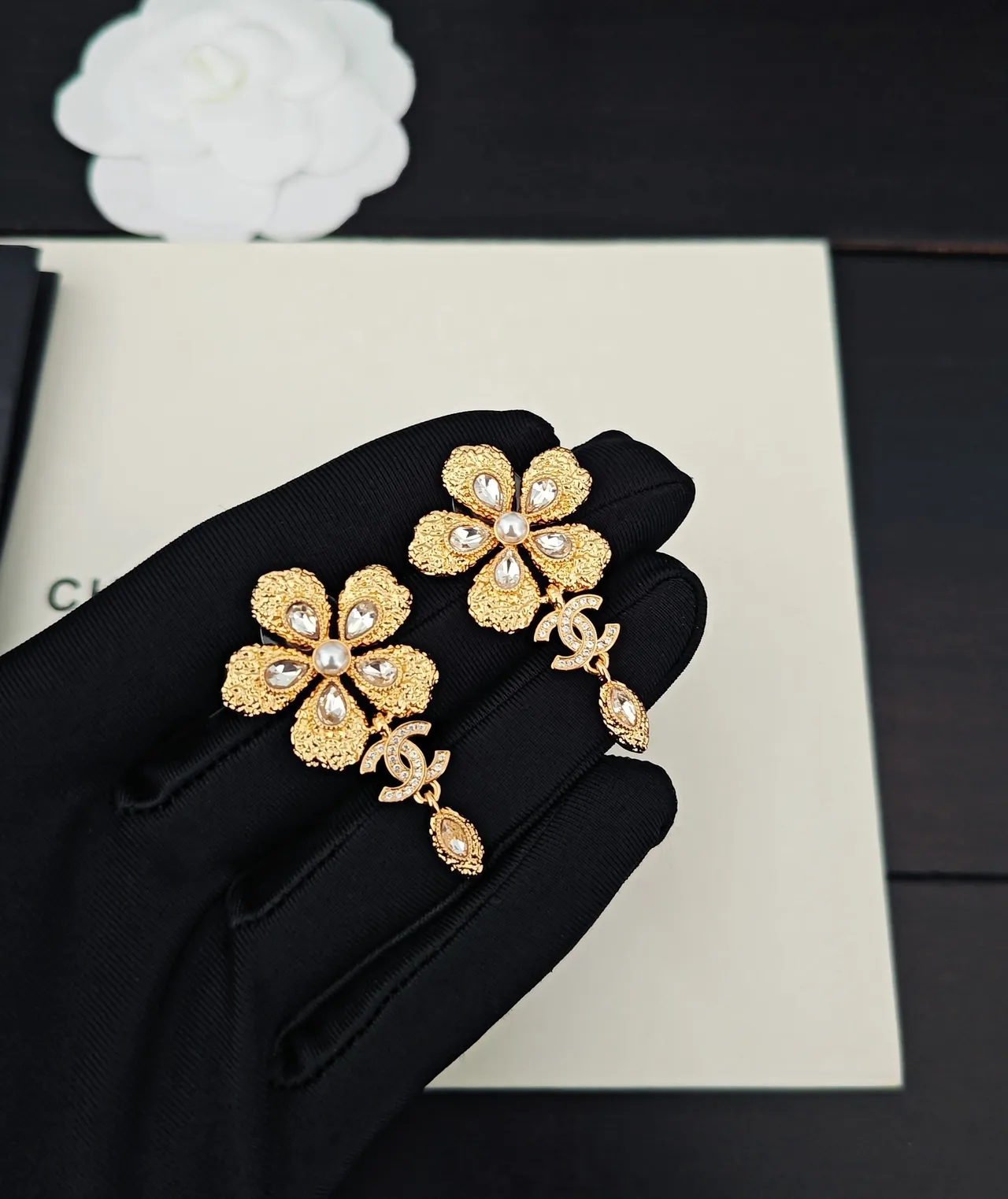 Chanel Camellia Floral Crystal and Pearl Earrings 2