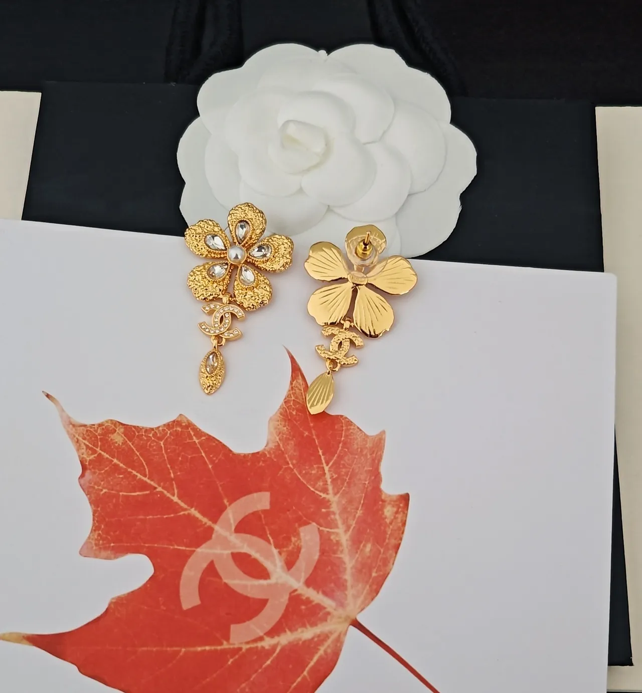 Chanel Camellia Floral Crystal and Pearl Earrings 3
