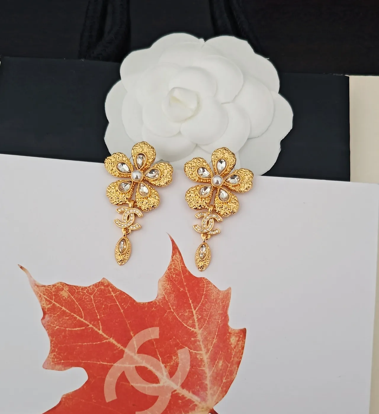 Chanel Camellia Floral Crystal and Pearl Earrings 4