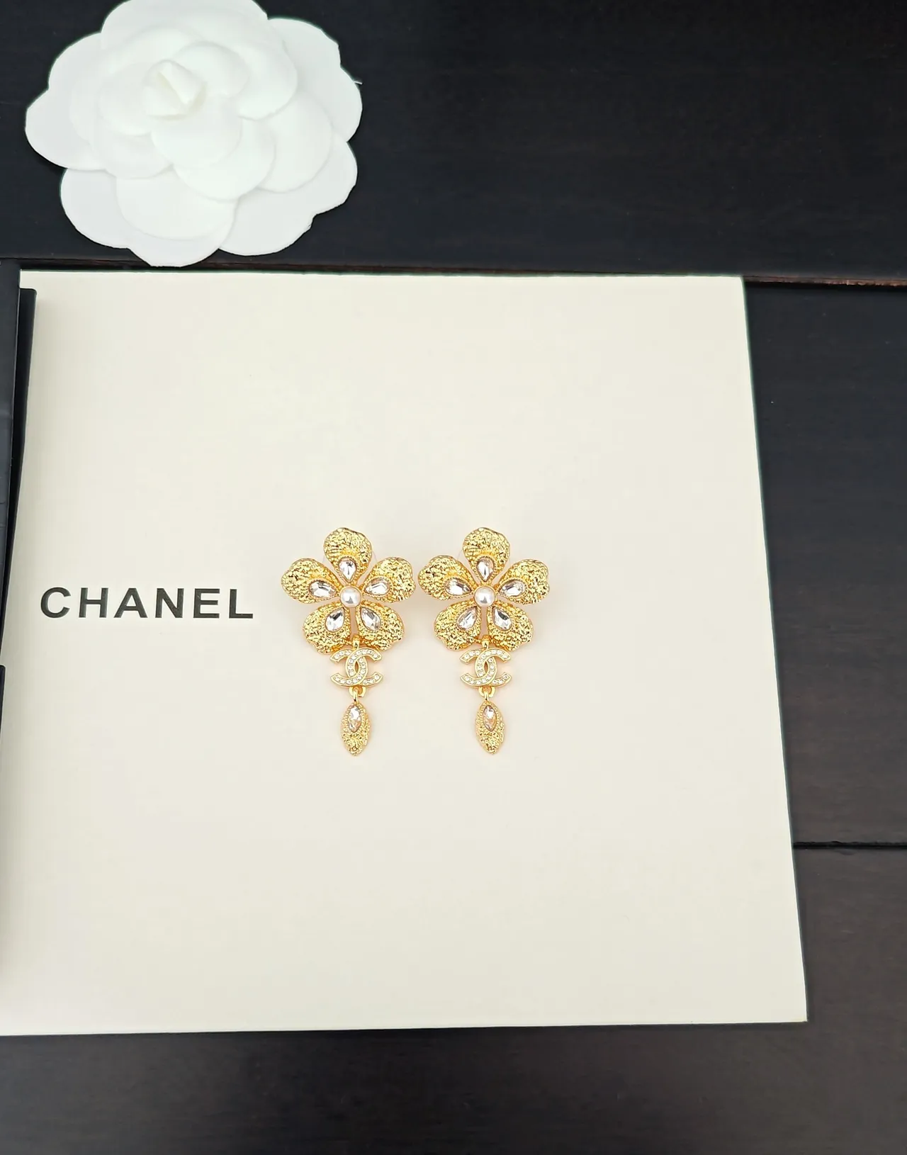 Chanel Camellia Floral Crystal and Pearl Earrings 5