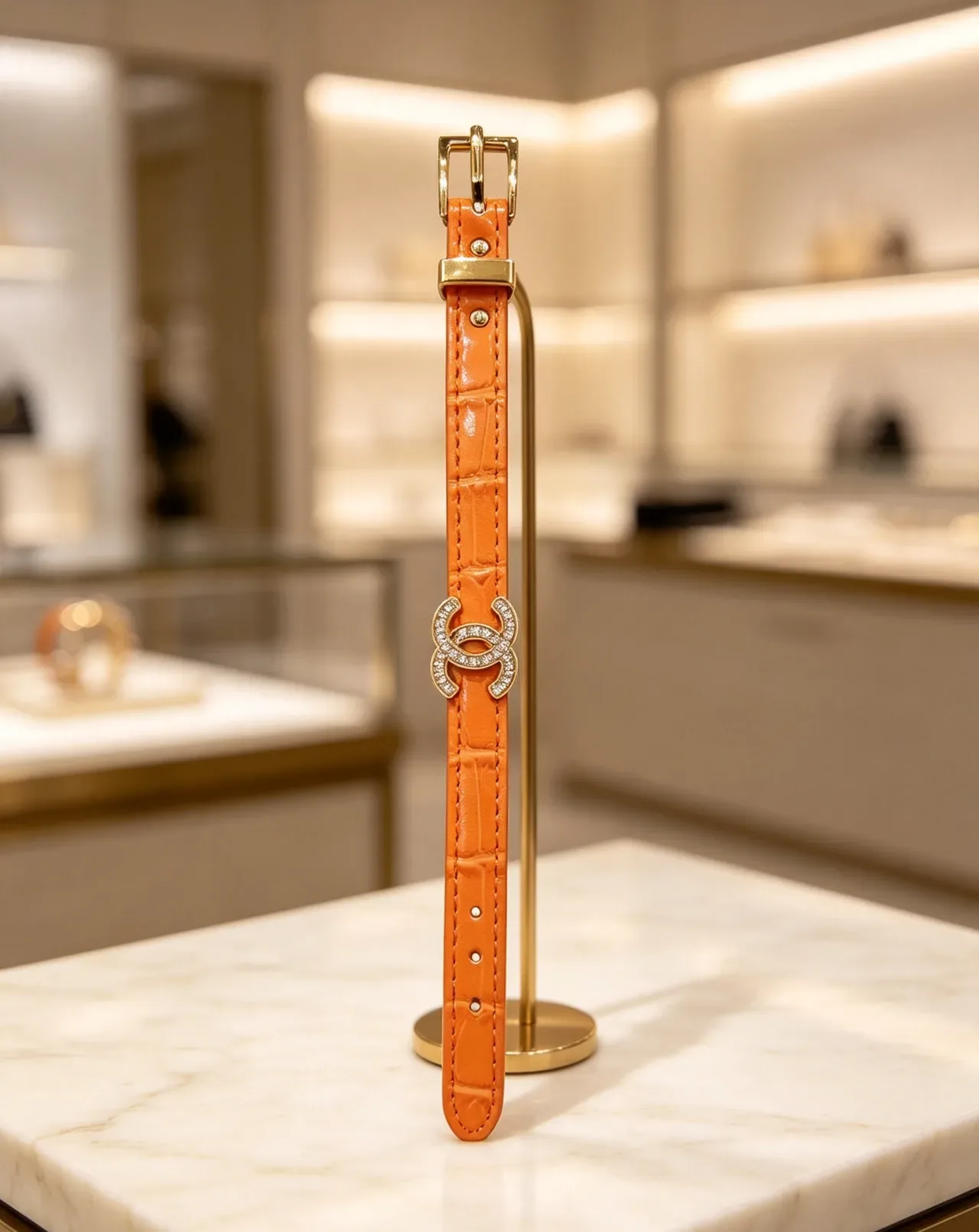 Chanel CC Belt أسود ذهبي حزام ضيق مزين بالكريستال إبزيم جلد 4