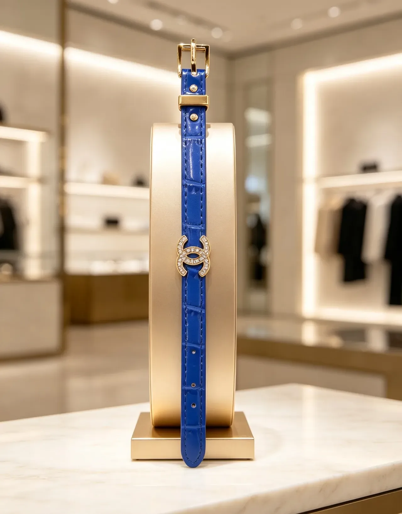 Chanel CC Belt أسود ذهبي حزام ضيق مزين بالكريستال إبزيم جلد 5
