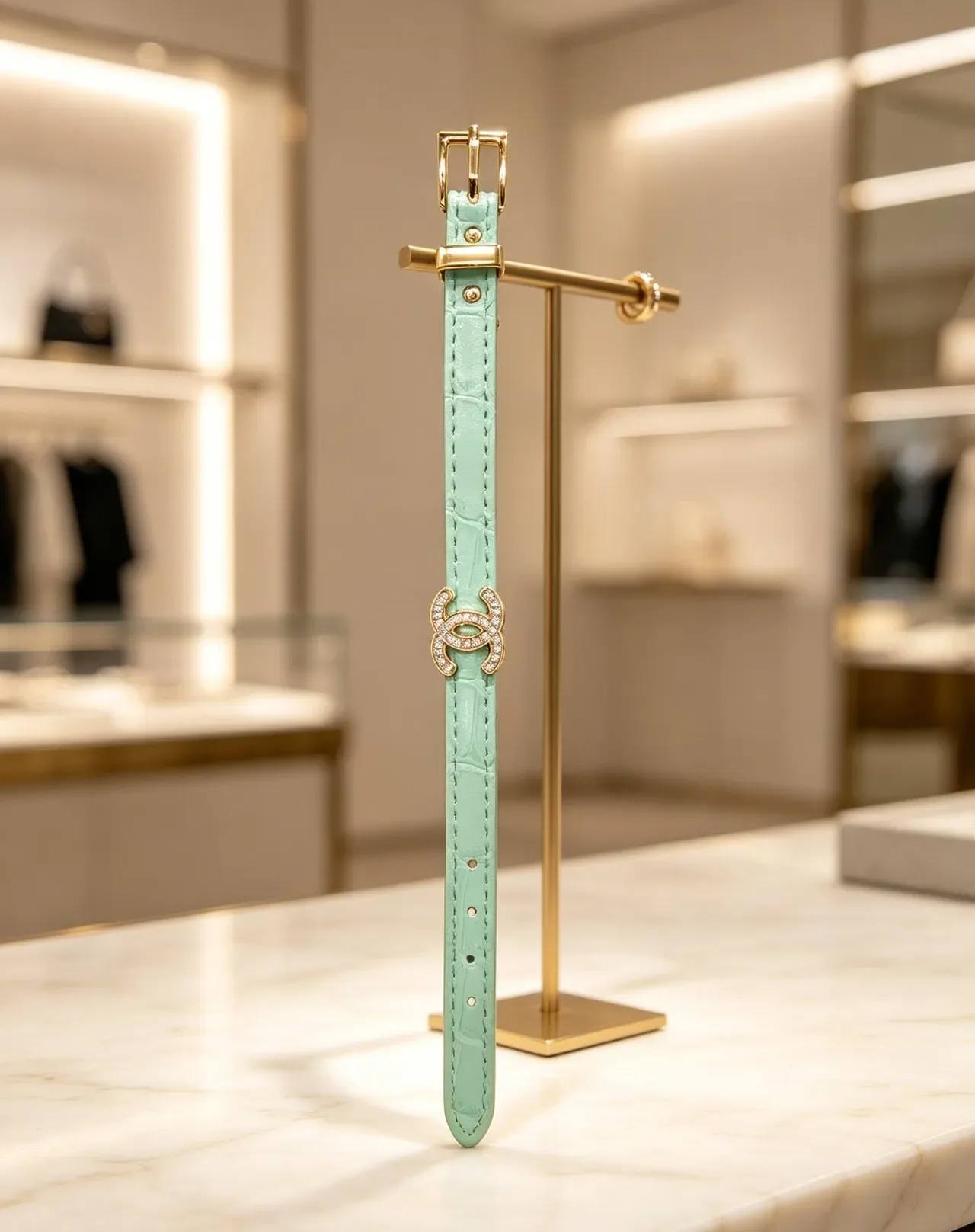 Chanel CC Belt أسود ذهبي حزام ضيق مزين بالكريستال إبزيم جلد 6