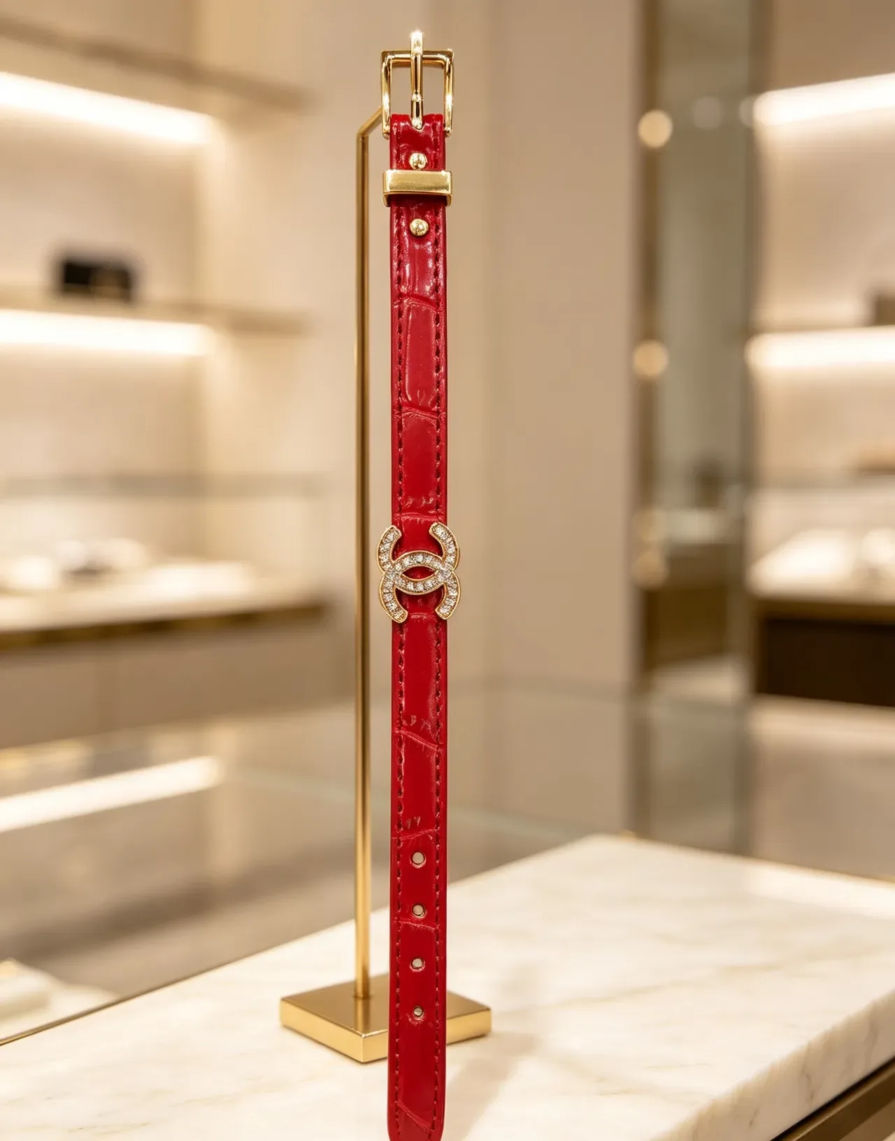 Chanel CC Belt أسود ذهبي حزام ضيق مزين بالكريستال إبزيم جلد 7